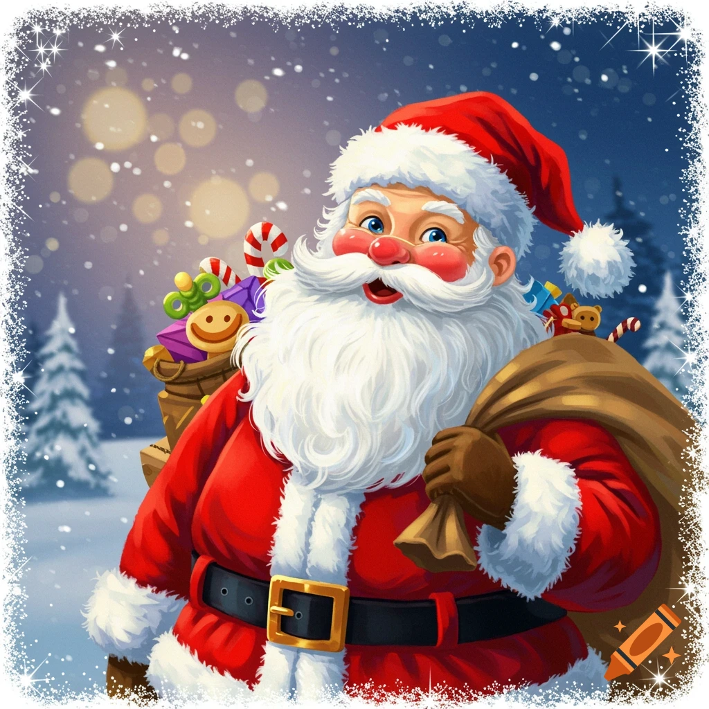 A jolly Santa Claus holding a sack of toys in a snowy night, framed by snowflakes and stars.