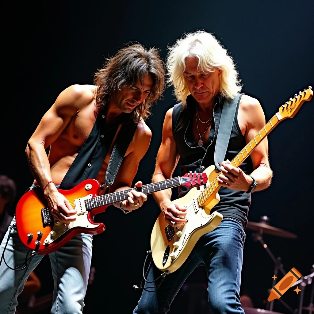 Two men playing electric guitars on a stage, one shirtless.