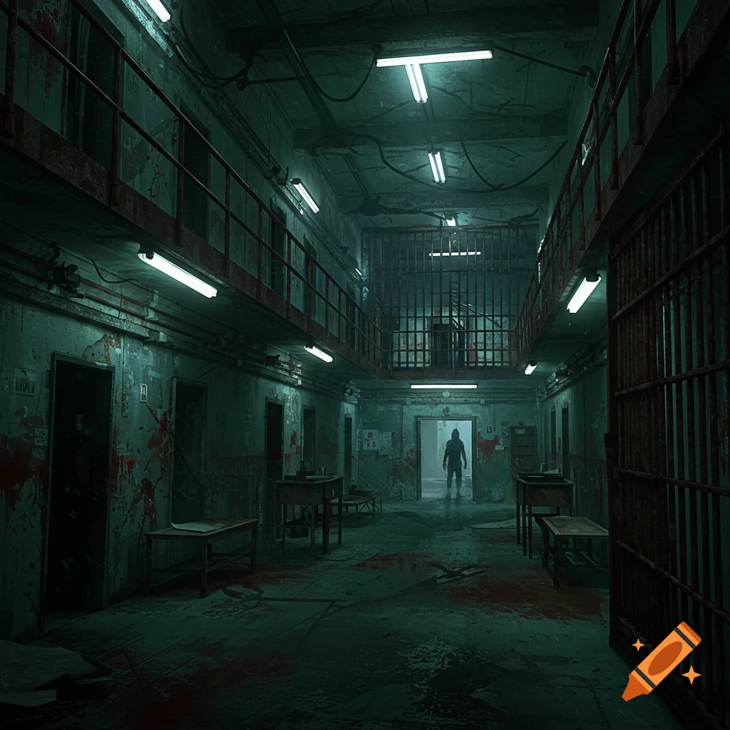A dark, bloody prison hallway with cell bars and a figure in the distance.