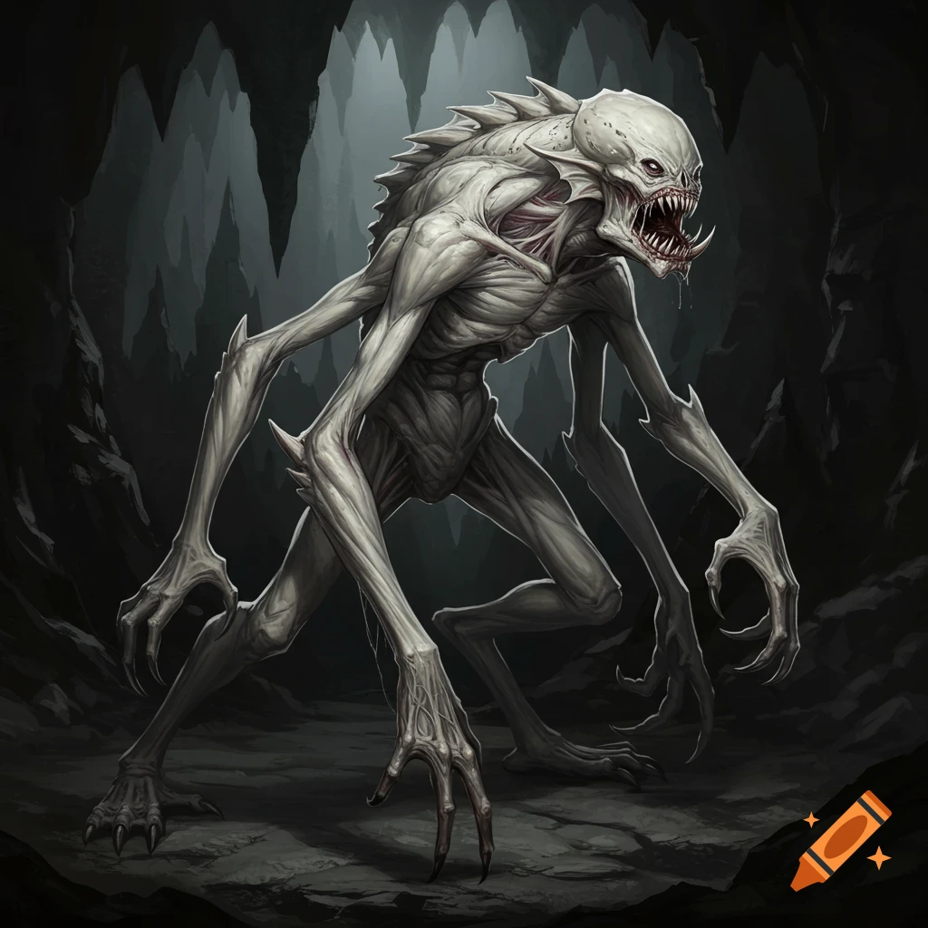 A pale, multi-limbed cave monster with sharp teeth in a dark cave.