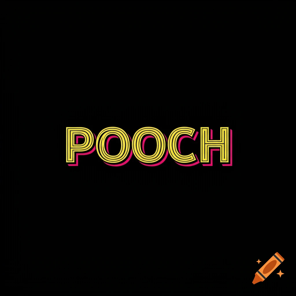 The word POOCH in yellow text with pink outline and shadow on a black background.