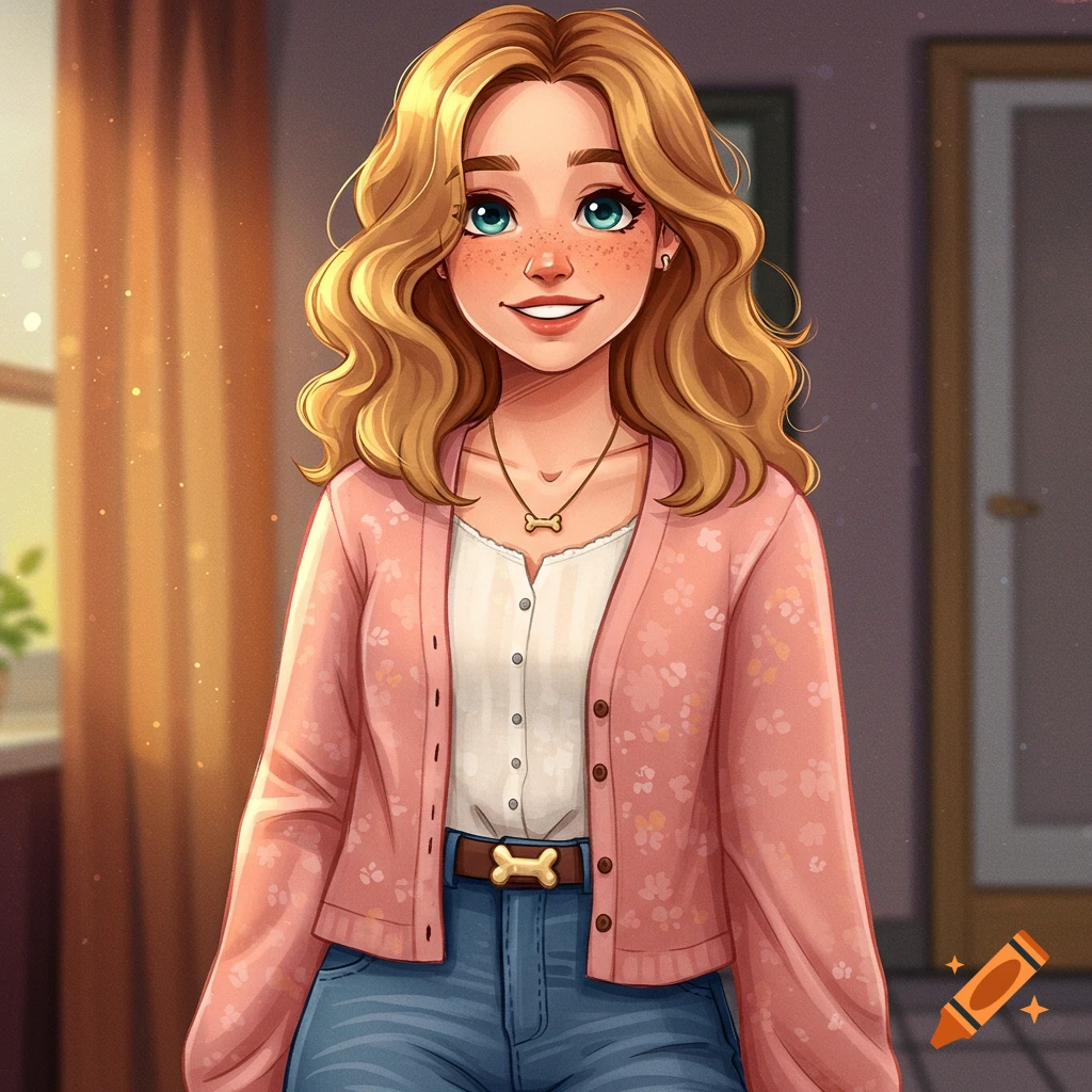 A smiling young woman with wavy blond hair, freckles, wearing a pink cardigan and bone-shaped jewelry.