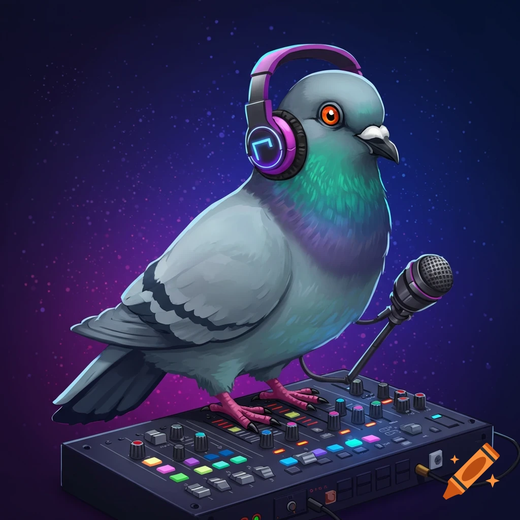 A pigeon wearing headphones and holding a microphone while standing on a DJ mixer.