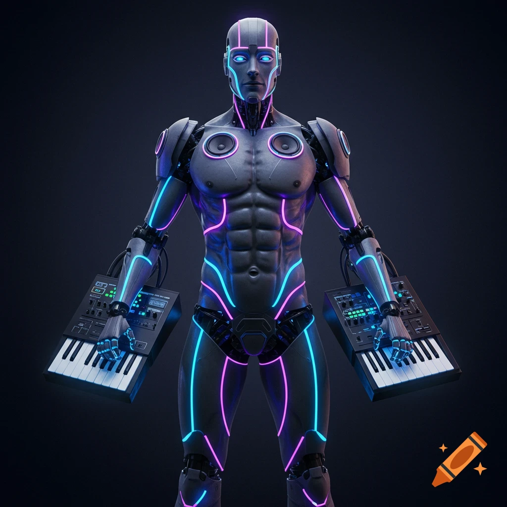 A futuristic robot with neon lights and speakers, holding synth pads.