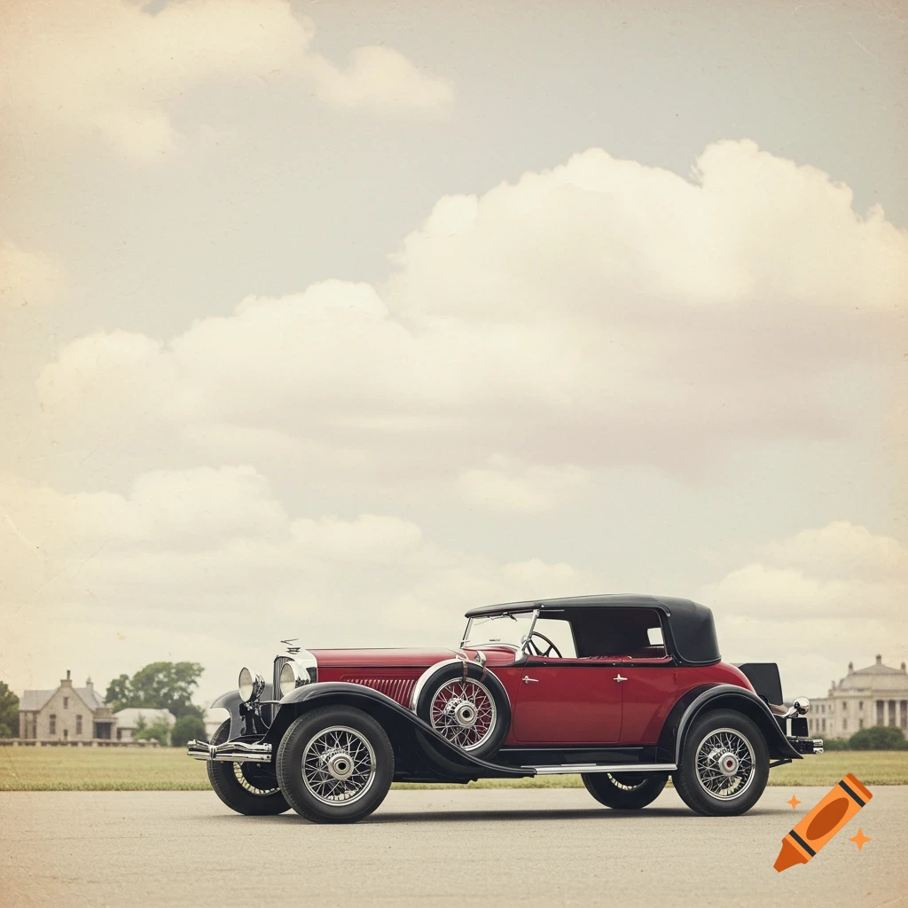 A red and black vintage car is parked outdoors with distant buildings and a cloudy sky, in a style resembling an old magazine photo.