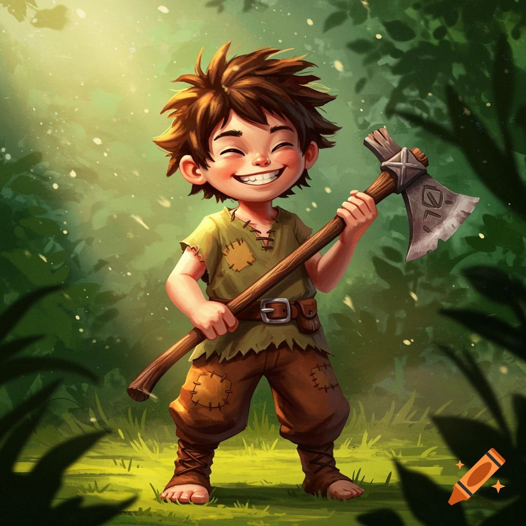 A cheerful cartoon boy in patched clothes holds an axe in a vibrant fantasy forest.
