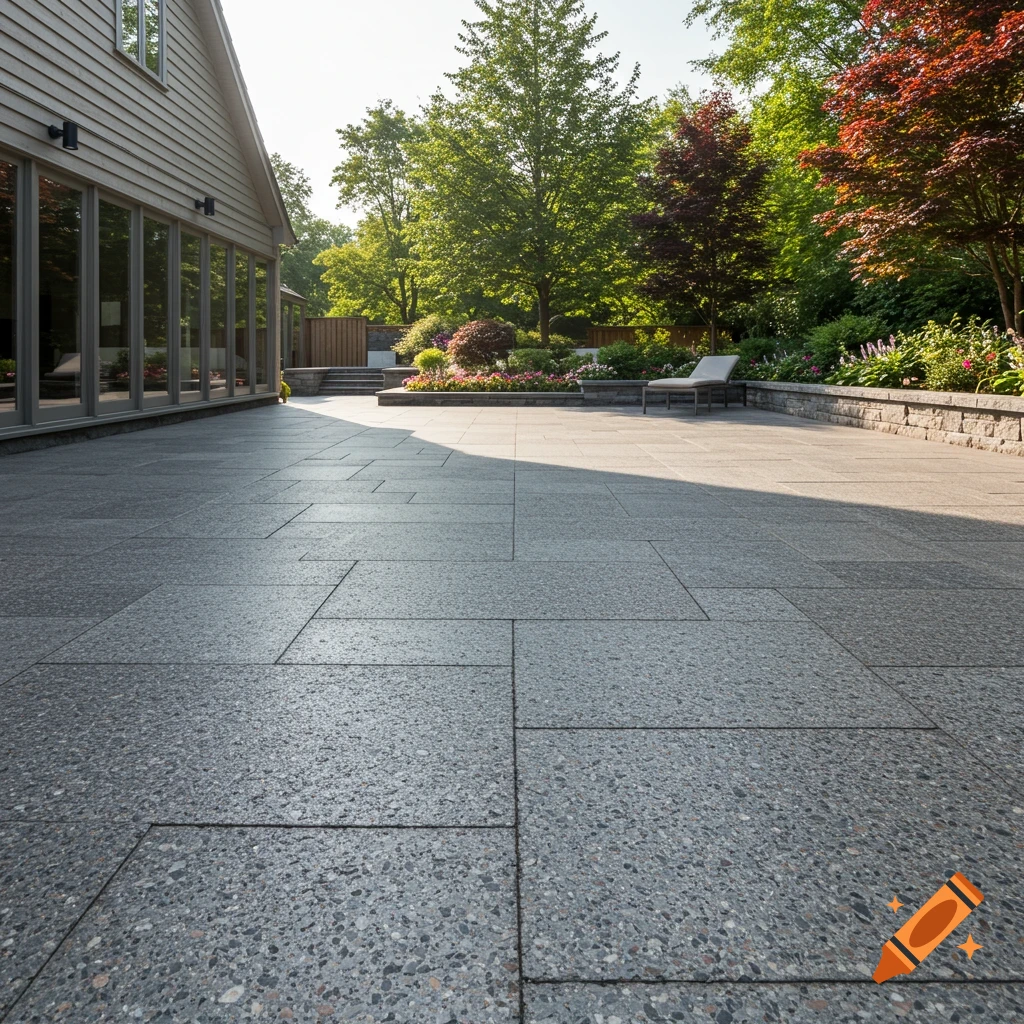 An expansive exposed aggregate patio extends from a modern house towards a landscaped garden with a lounge chair.