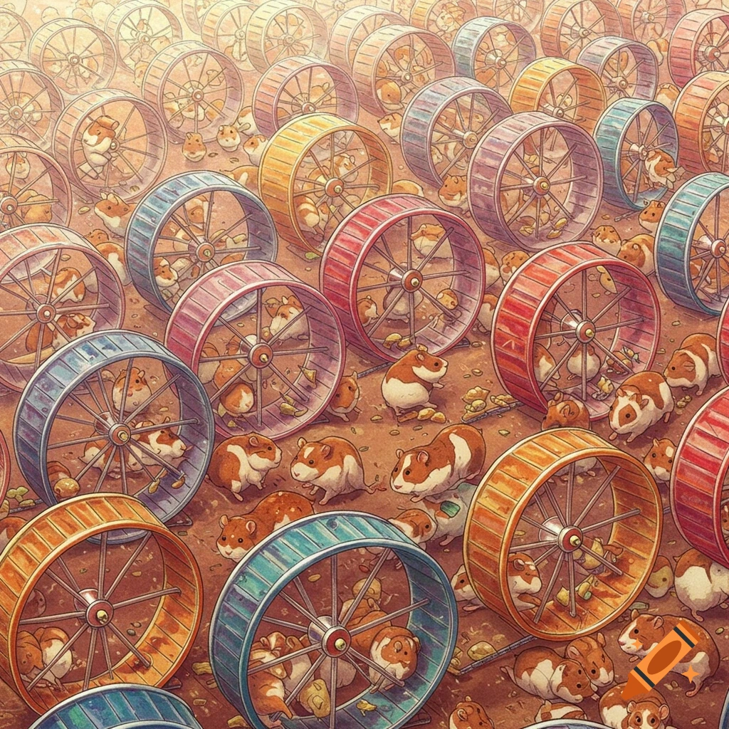A vast field of hamsters in numerous hamster wheels.