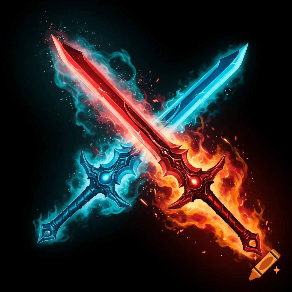 Two glowing stylized swords, one red and fiery, one blue and icy, crossing against a black background.