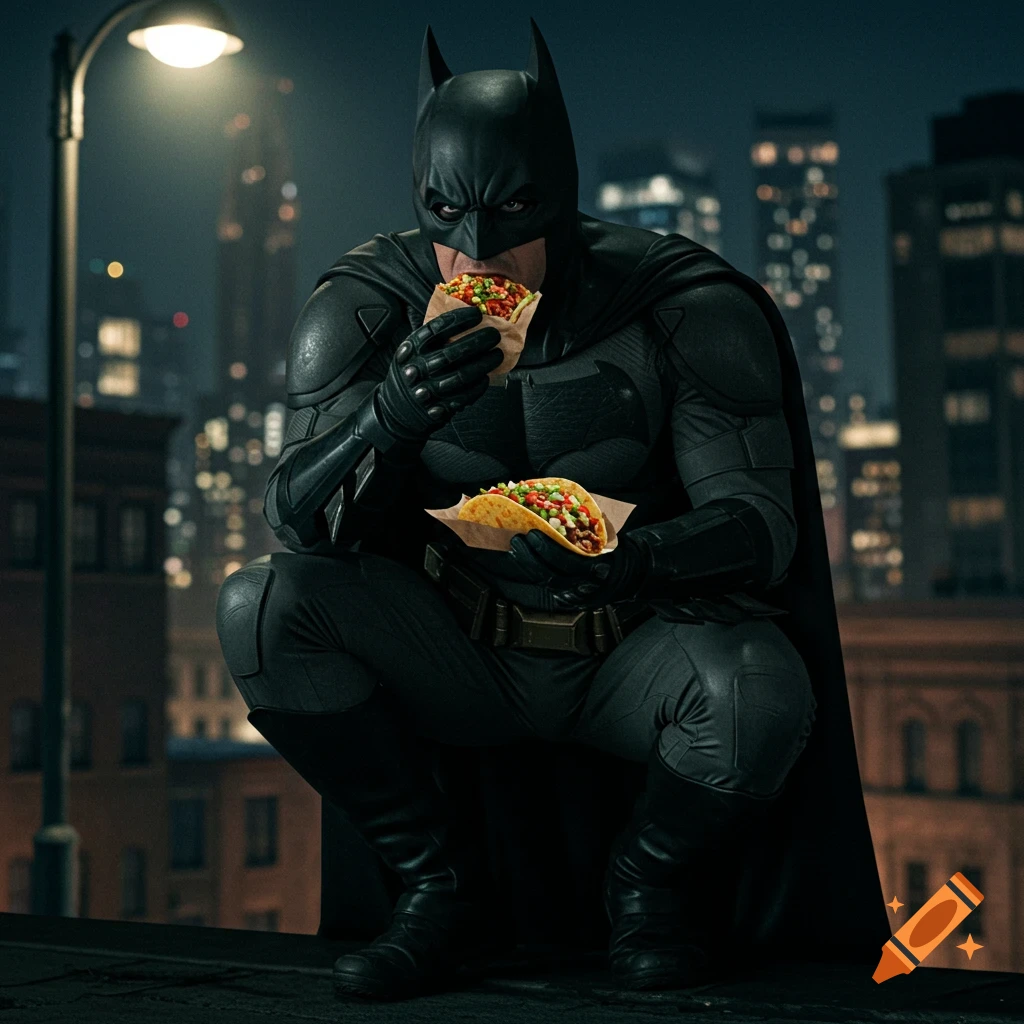 Batman in costume squats on a rooftop eating two tacos at night with a city skyline.