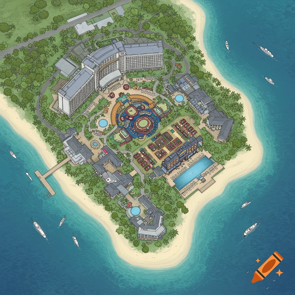 Illustrated aerial map of an island resort with hotel, casino, pools, and boats.