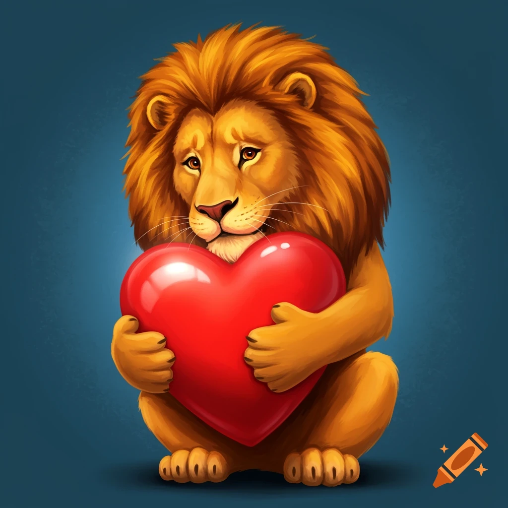 A cute cartoon lion hugs a large red heart.
