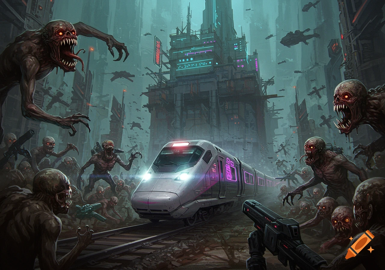 A futuristic train is attacked by a hoard of monsters in a ruined cyberpunk city.