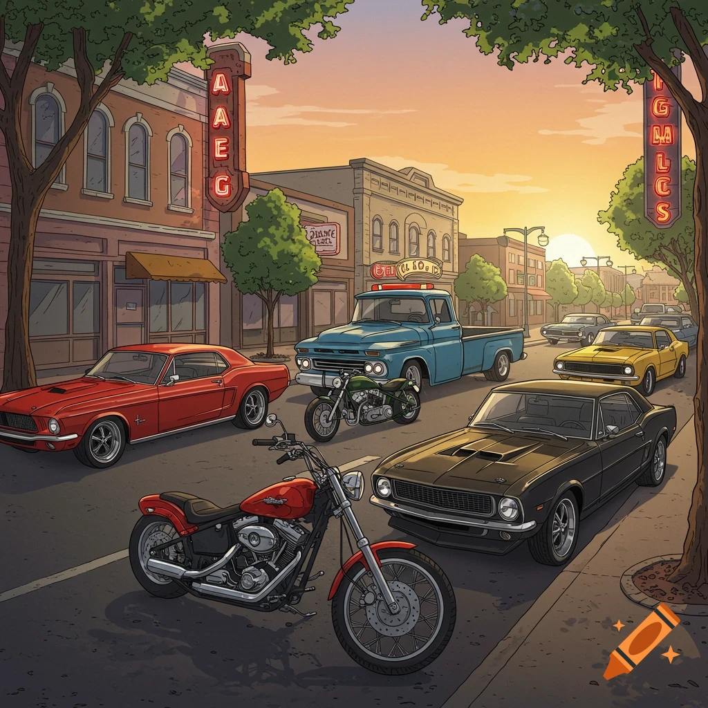 Classic muscle cars, a truck, and motorcycles on a street at sunset in a cartoon vector style.