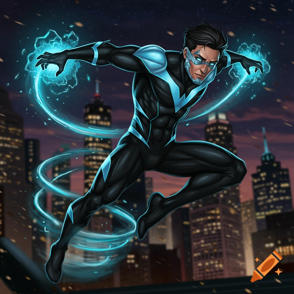 A superhero in a black and blue suit leaps over a city at night with glowing energy