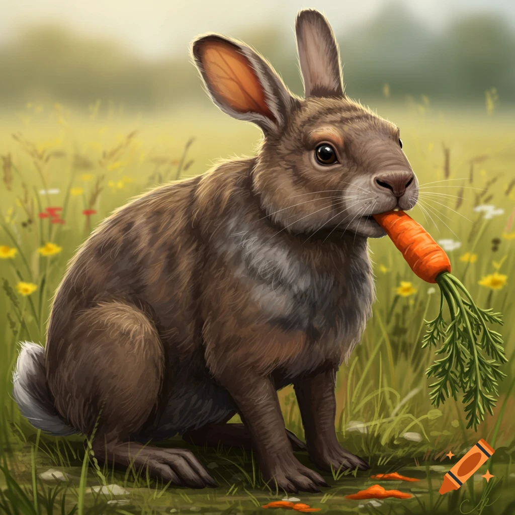 A brown rabbit eating a carrot in a grassy field.