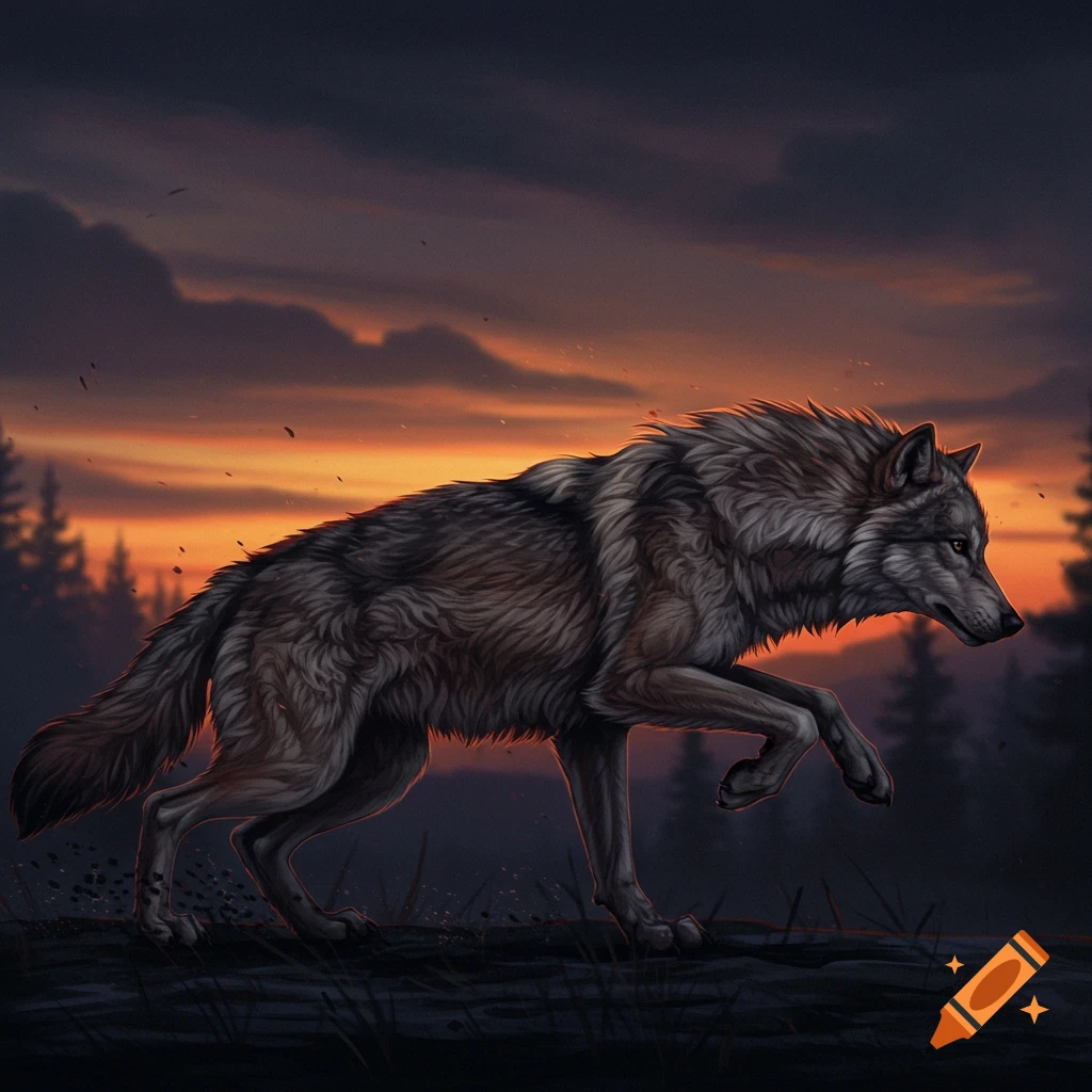 A wolf stepping at sunset in a forest.