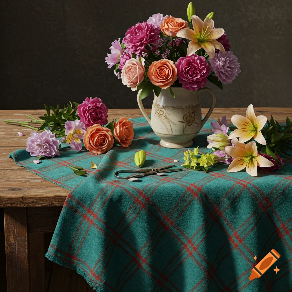 Still life photo of flowers in a vase and on a teal plaid tablecloth with scissors.