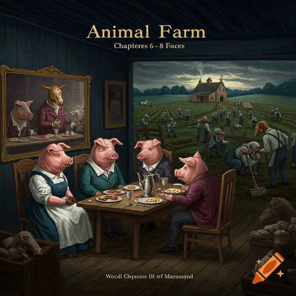 Anthropomorphic pigs dining indoors while other anthropomorphic animals work on a farm visible through a wall opening.