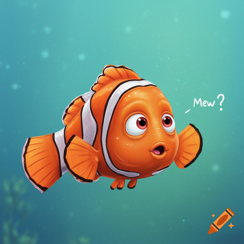 A cartoon clownfish, resembling Nemo, with wide eyes says "- Mew?" in a soft, blue-green underwater setting.