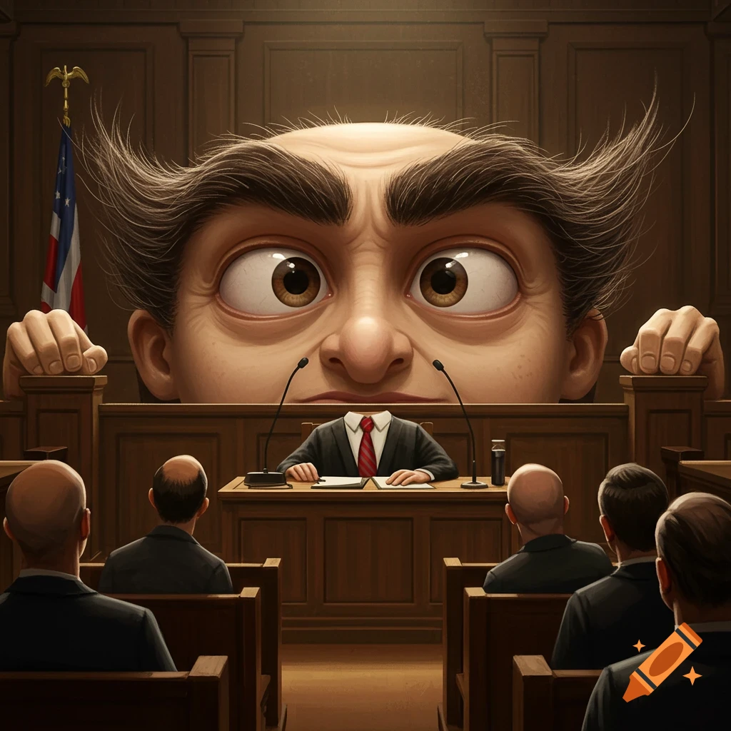 Surreal image of a giant face with huge eyebrows towering over a courtroom scene.