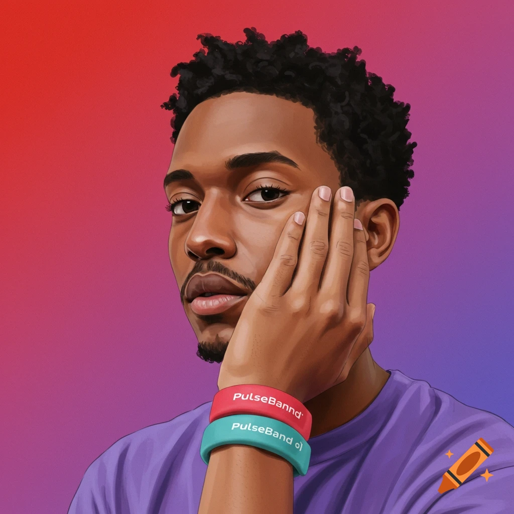 A Black man with curly hair, wearing bracelets, has his hand on his face against a gradient background.