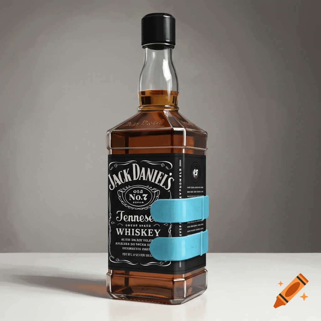 A bottle of Jack Daniel's whiskey wearing a blue neck brace.