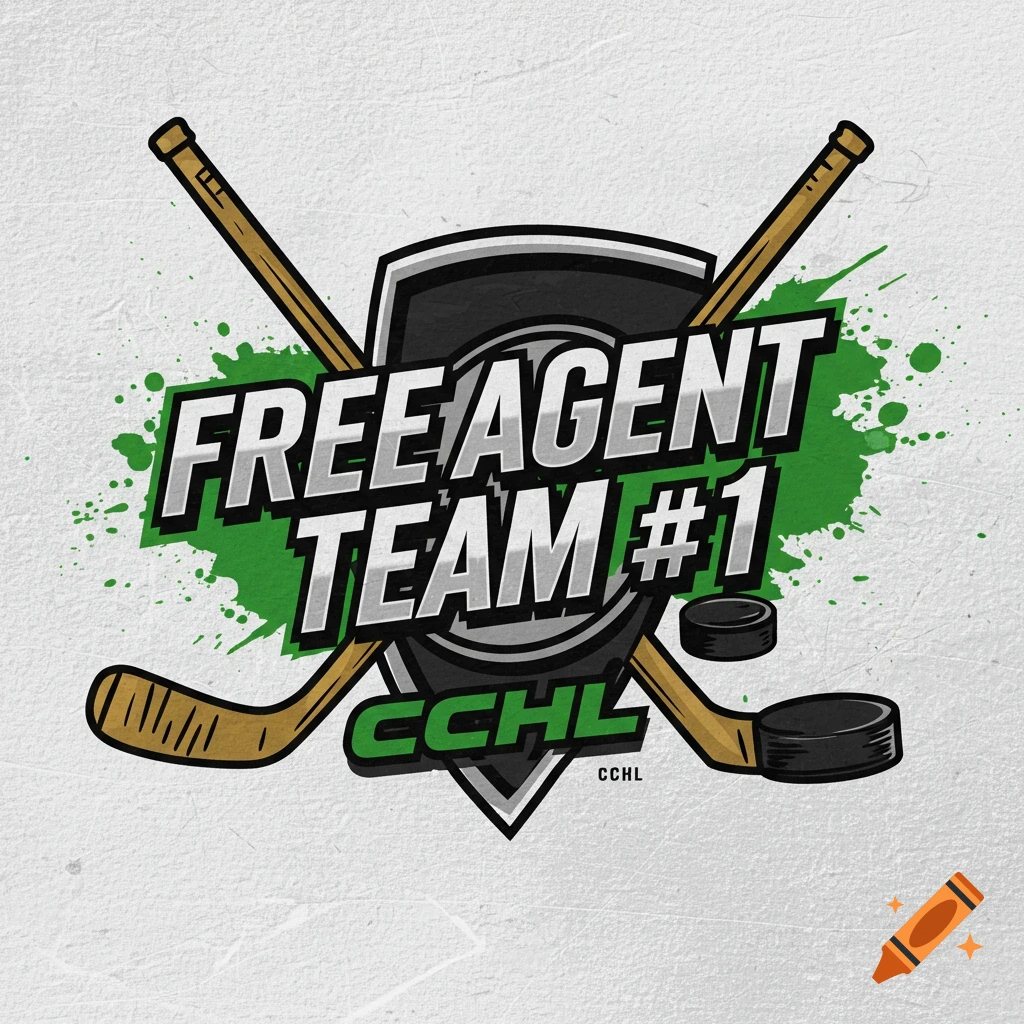 Hockey team logo with crossed sticks, shield, pucks, and text 'Free Agent Team #1' and 'CCHL'