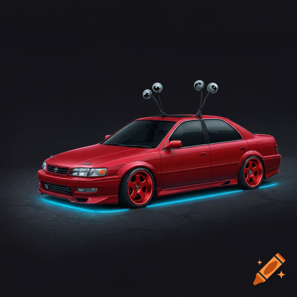 A red Toyota Camry with bug antennas and blue underglow.