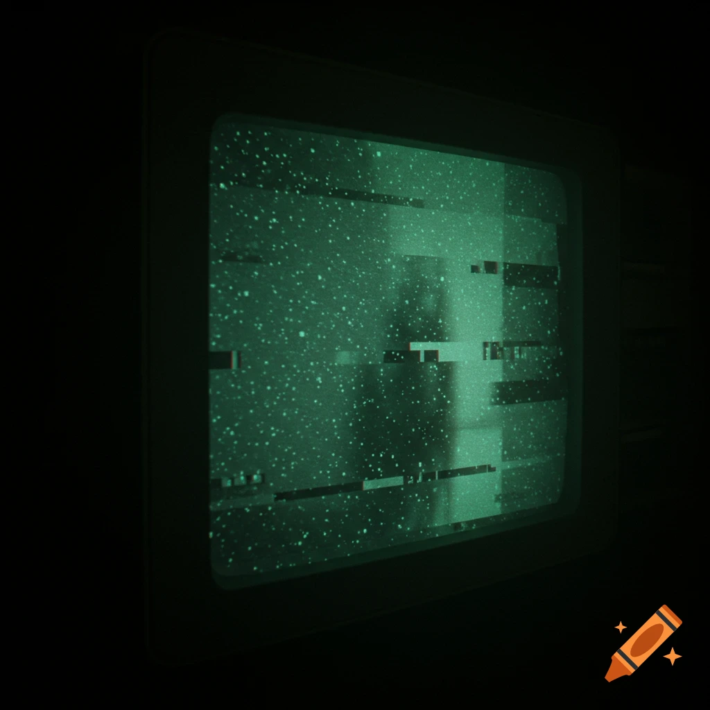 Green CRT monitor displaying static and analog glitches in a dark, horror style.