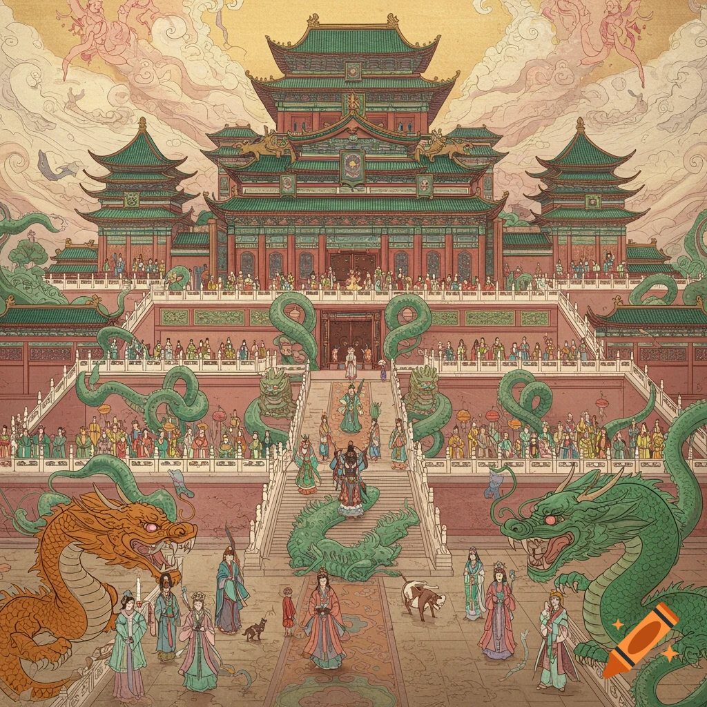Ancient Chinese art style illustration of a grand palace courtyard with many people and large dragons.