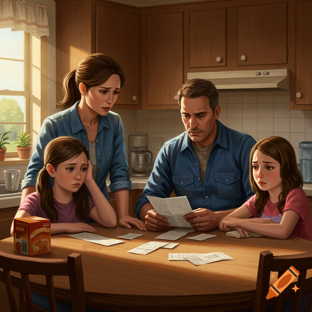 A family of four sits at a kitchen table, looking worriedly at bills and papers.