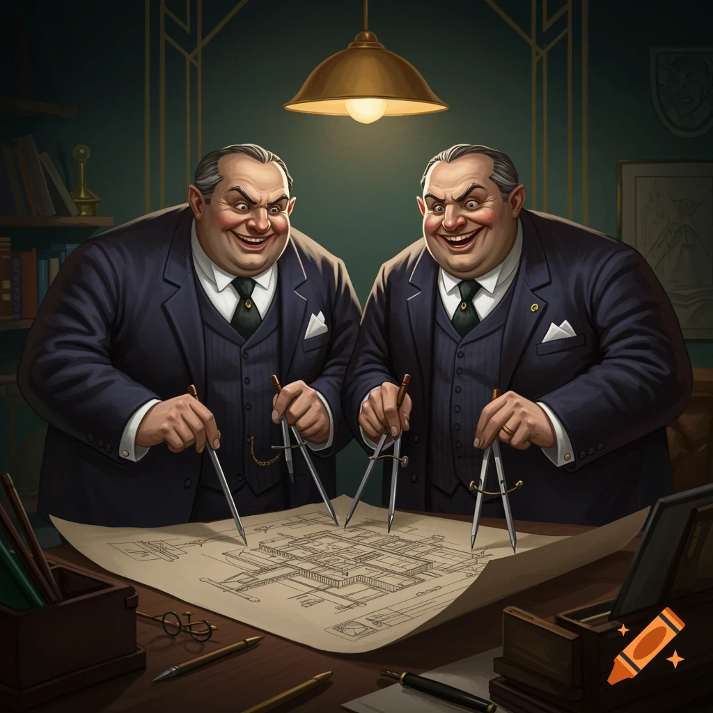 Two stout architects lean over a blueprint with compasses in a 1920s illustration style.