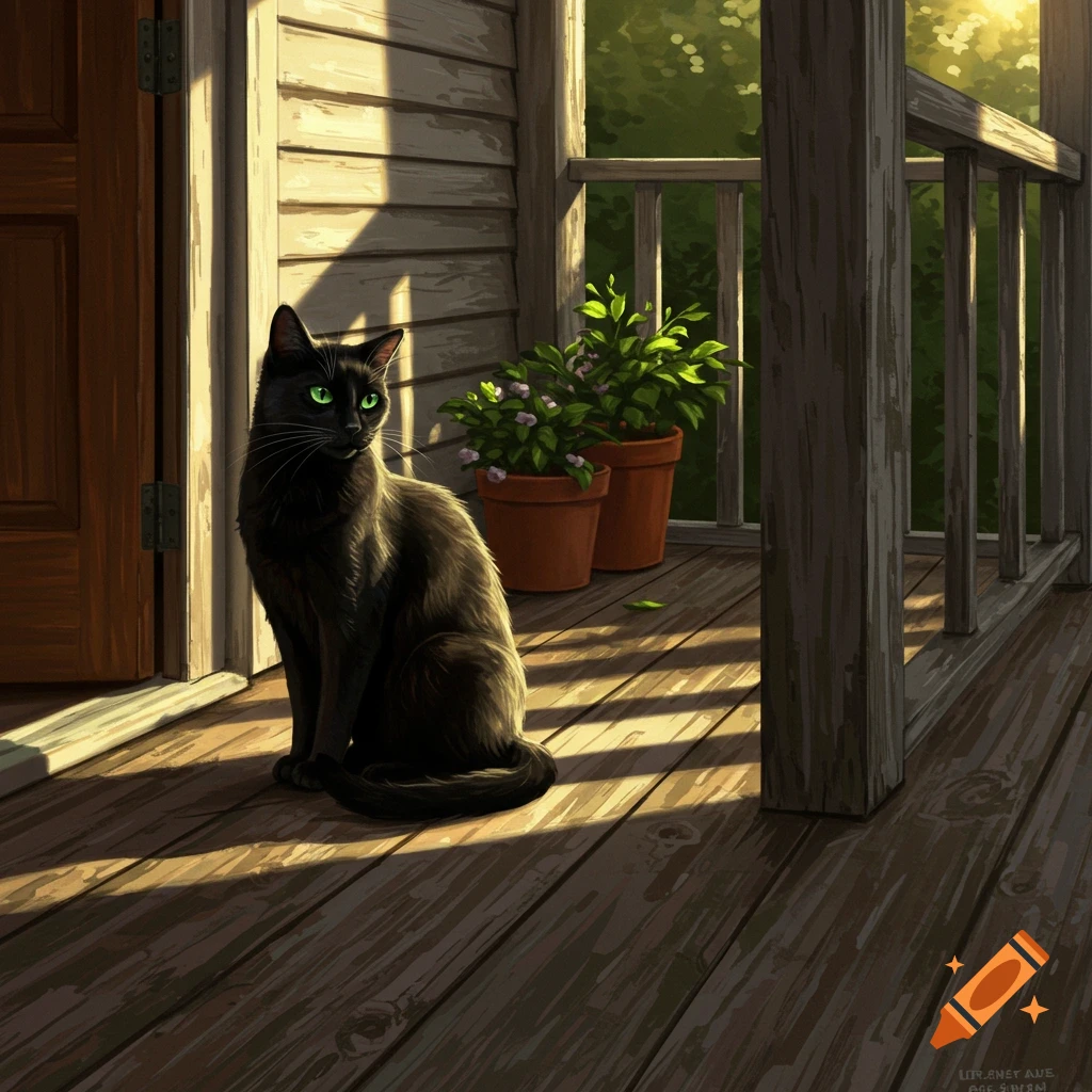A black cat sitting on a wooden porch in sunlight.