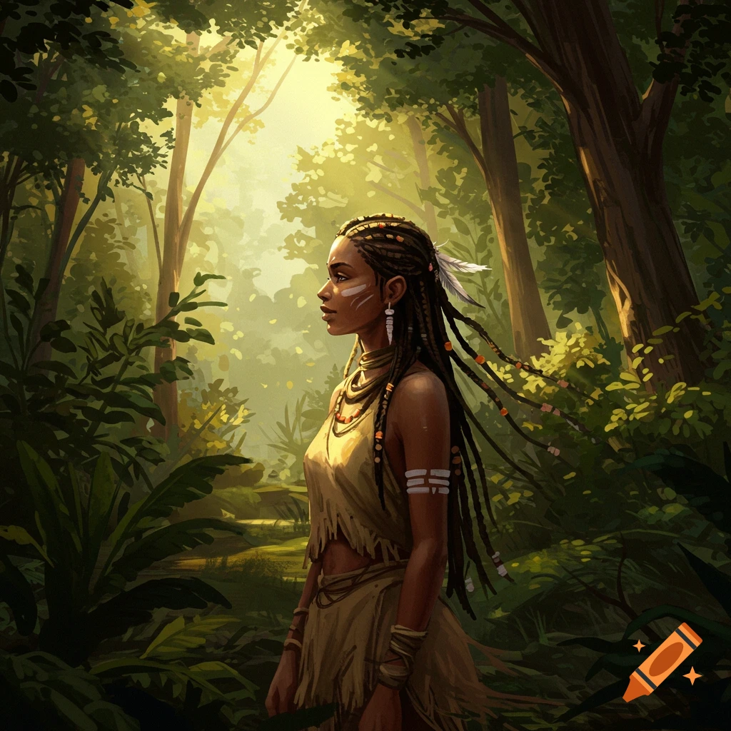 A tribal woman with braids and face paint, standing in a sunny forest.