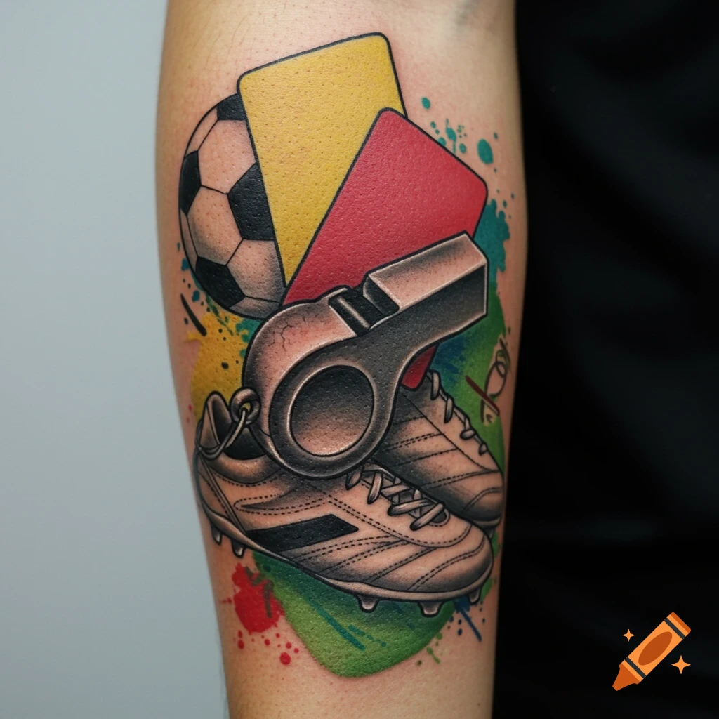 A tattoo of a soccer ball, red and yellow cards, a whistle, and a cleat on an arm, with colorful splatters.