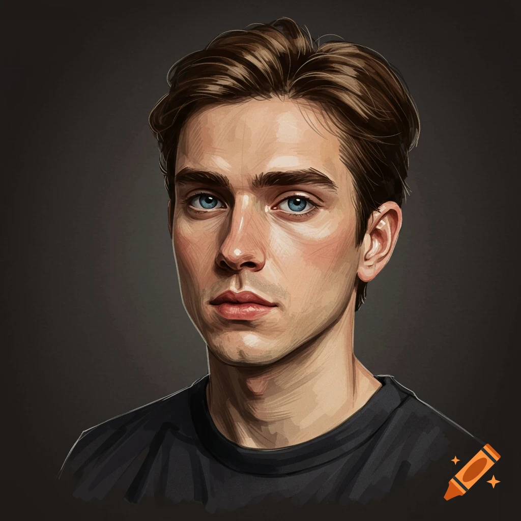 Stylized portrait illustration of a man with brown hair and blue eyes