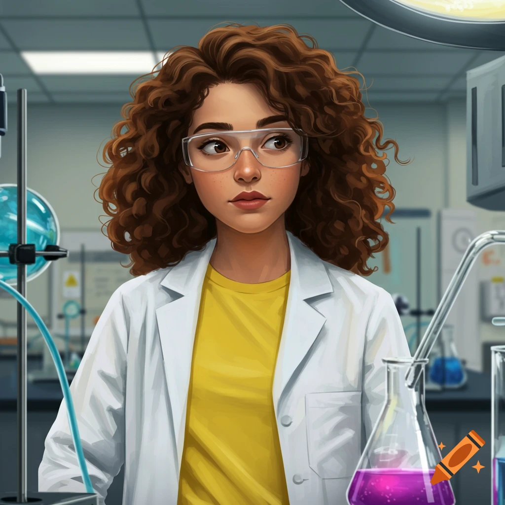A young woman in a lab coat and safety glasses in a laboratory setting.