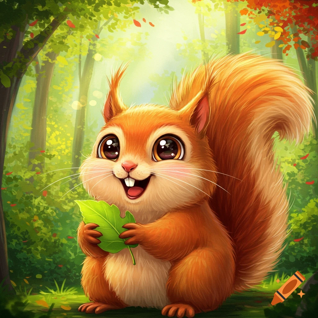 A cute cartoon squirrel holding a leaf and smiling in a bright, sunny forest.