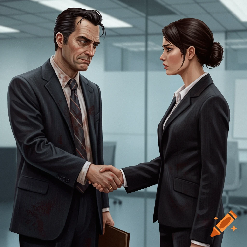 A man with blood on his suit shakes hands with a woman in an office.