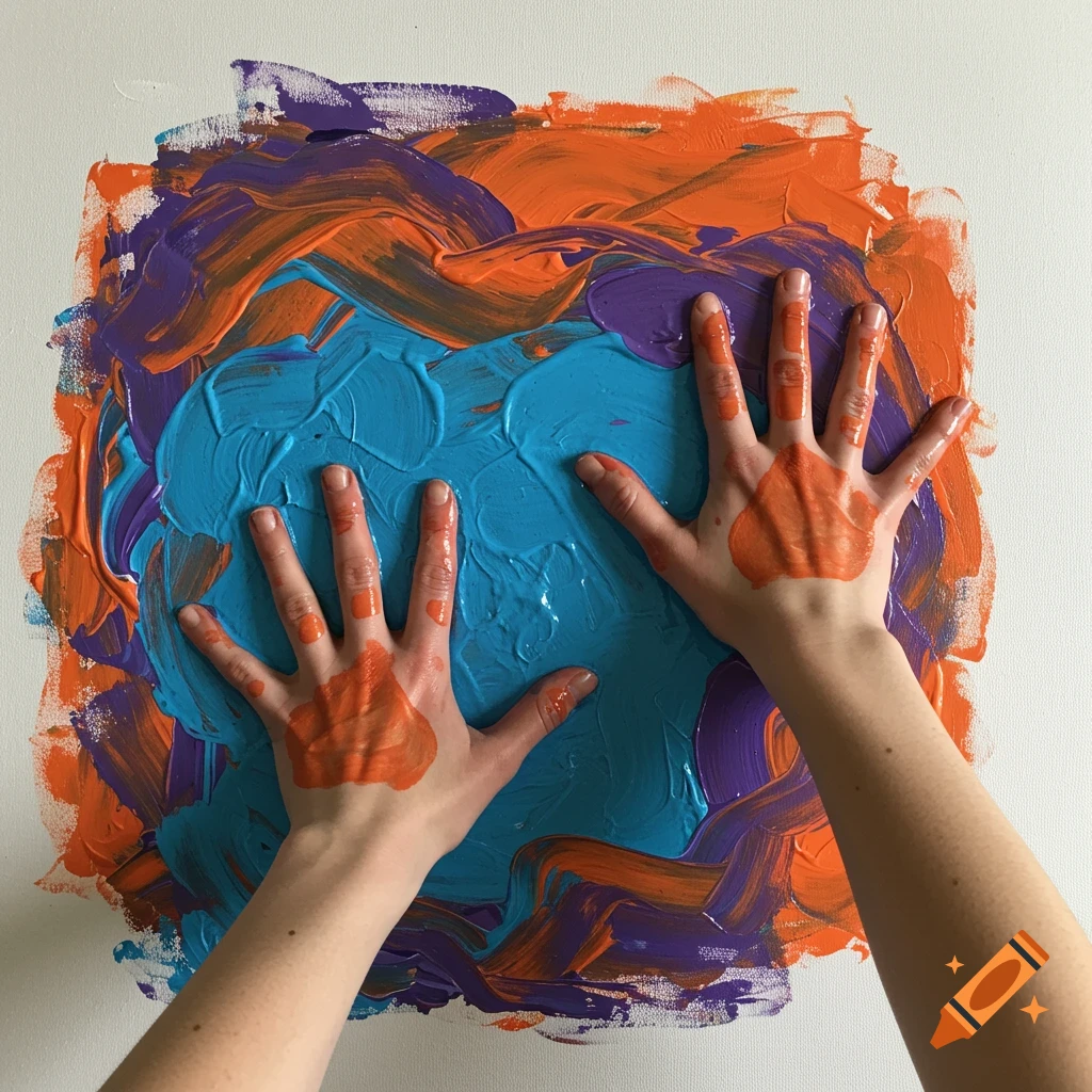 Hands covered in orange paint spread blue and orange paint on a canvas.