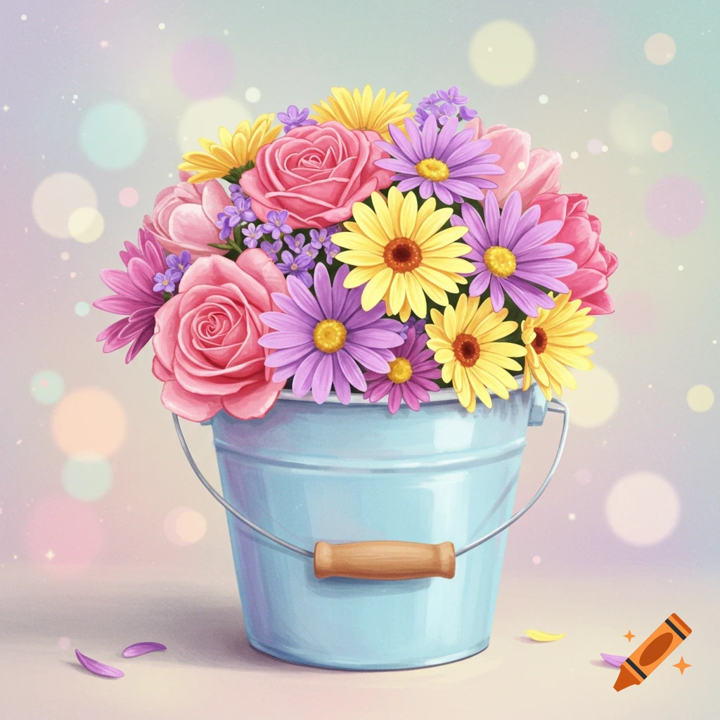 A bouquet of pink roses, yellow and purple daisies in a light blue bucket with a bokeh background.