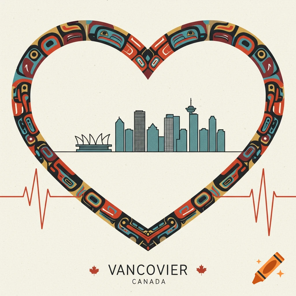 Stylized illustration of a heart with indigenous border around a Vancouver skyline, with a heartbeat line below. Includes text "VANCOVIER CANADA".