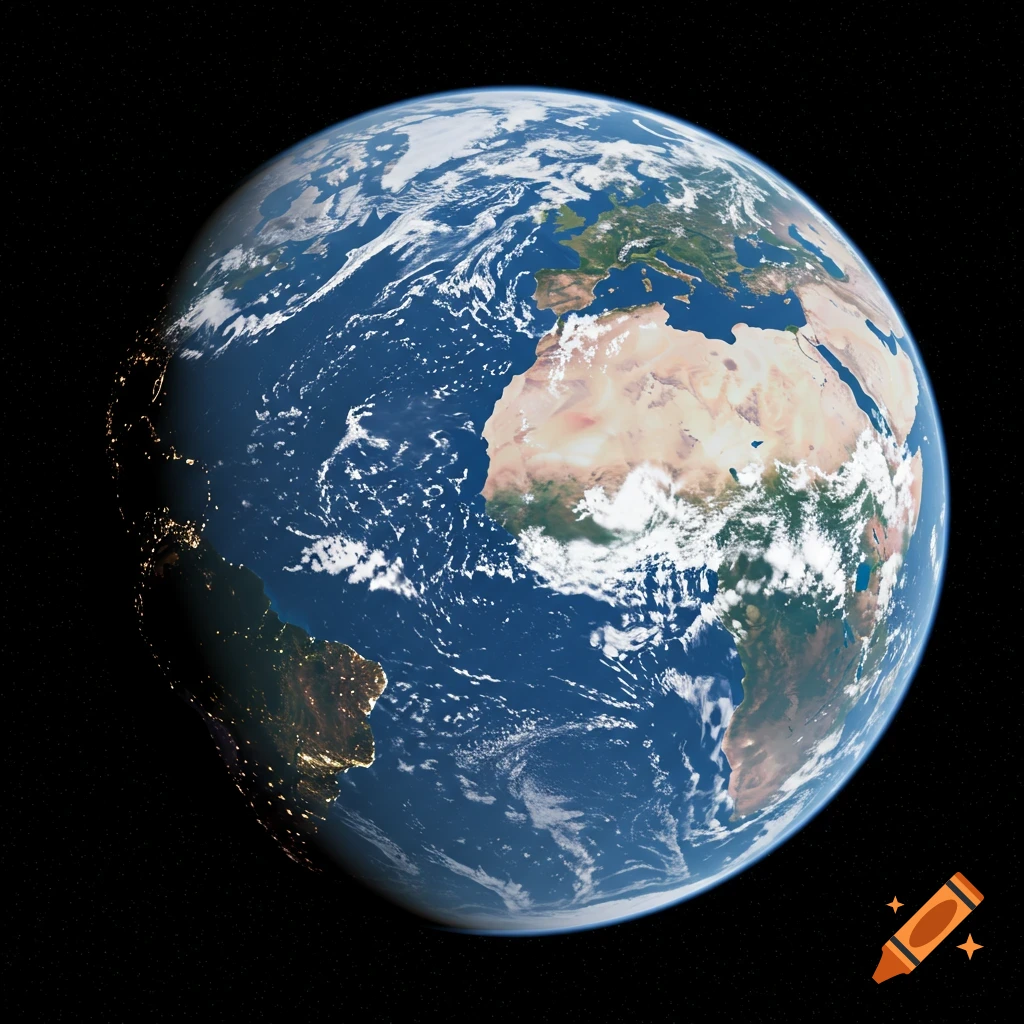 View of Earth from space showing continents, clouds, and city lights on the night side.