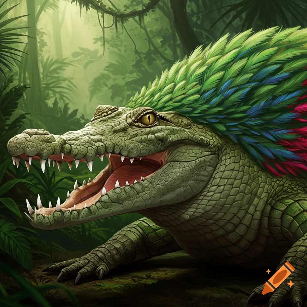 Crocodile covered in colorful feathers in a jungle.