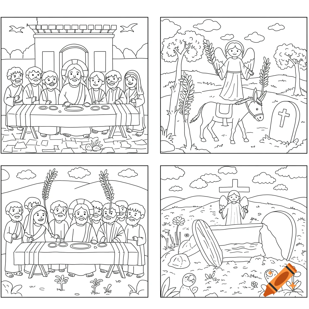 Four coloring book panels show Jesus and disciples at a meal, an angel on a donkey, and an empty tomb with an angel and cross.