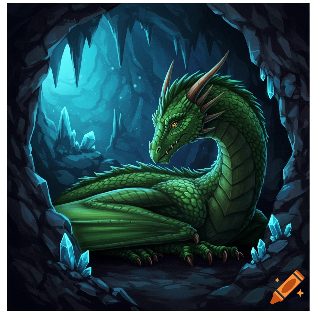 A green dragon rests in a crystal cave.