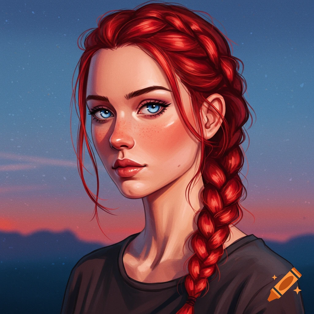 A young woman with red braided hair and blue eyes.