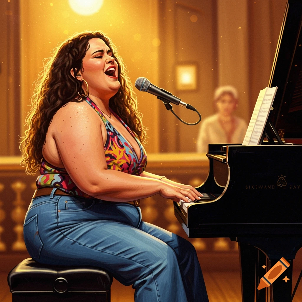 An overweight woman singing and playing a black grand piano.