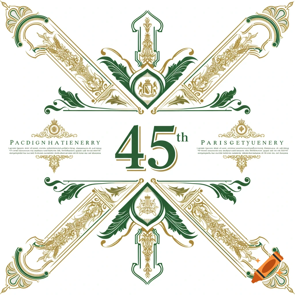 Elegant graphic design with a large green '45th', gold and green decorative flourishes, emblems, and symmetrical patterns.